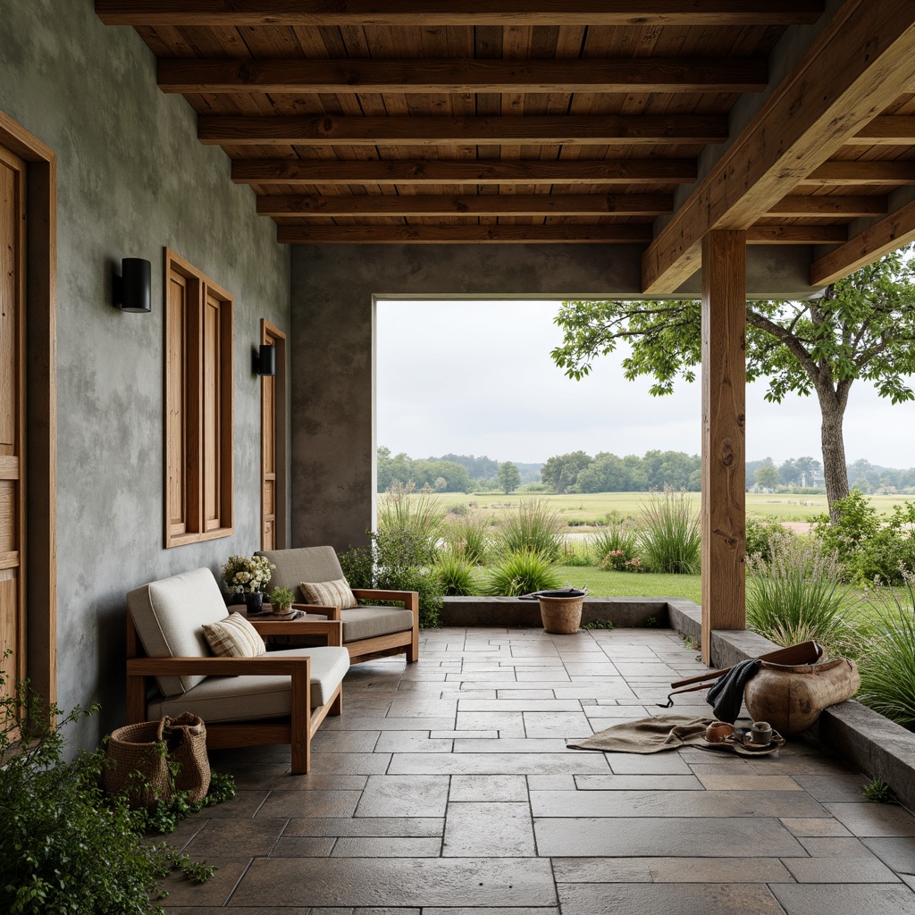 Prompt: Rustic farmhouse, exposed concrete walls, weathered wooden accents, natural stone flooring, earthy color palette, minimalist decor, industrial metal beams, reclaimed wood furniture, vintage farm tools, lush greenery, wildflower fields, rural landscape, overcast sky, soft warm lighting, shallow depth of field, 1/1 composition, realistic textures, ambient occlusion.