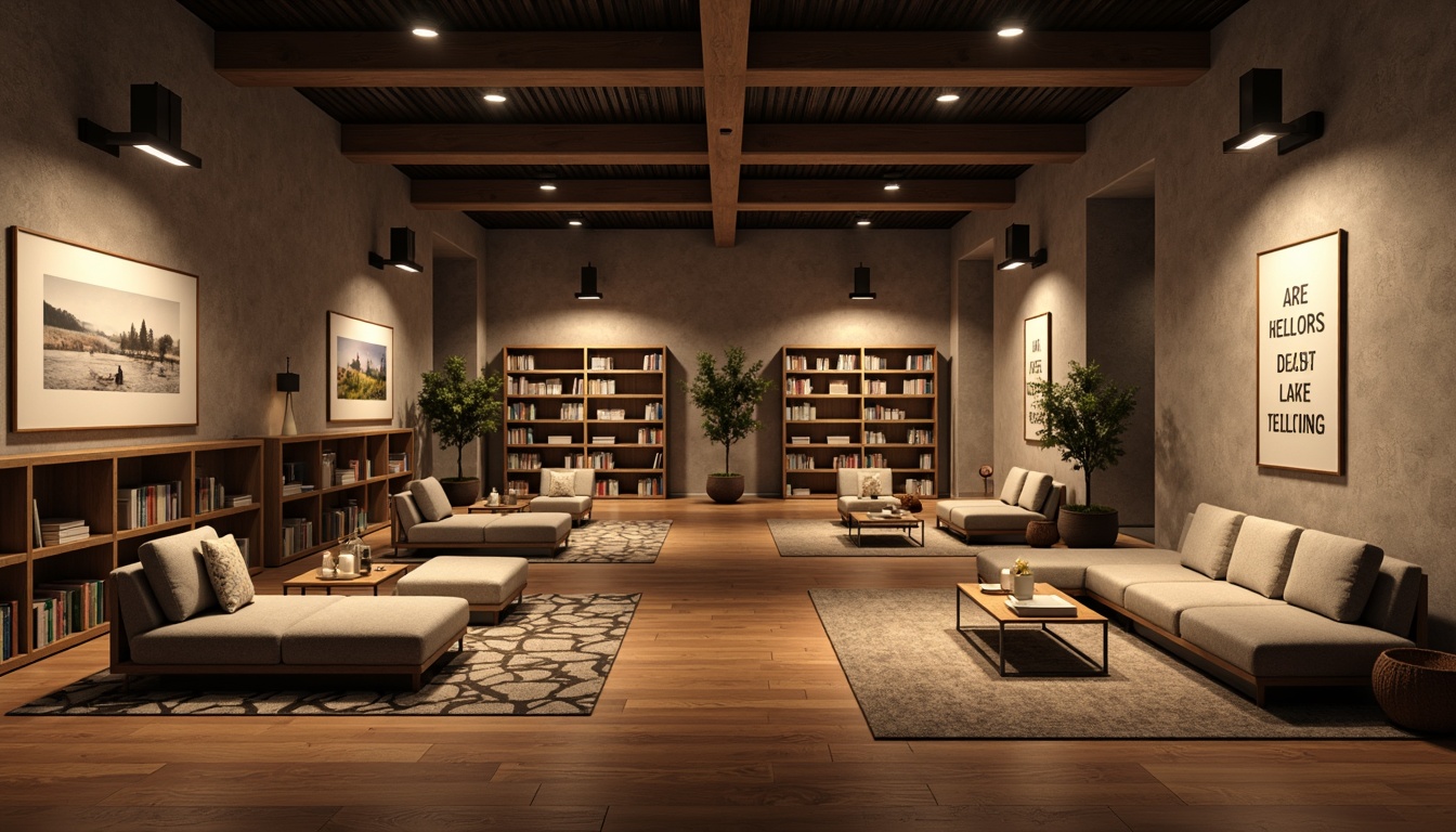 Prompt: Minimalist bookstore interior, soft warm lighting, wooden flooring, comfortable sofas, plush armchairs, coffee tables, geometric patterns, neutral color palette, natural textiles, cozy reading nooks, floor lamps, bookshelves, literary quotes, calm atmosphere, shallow depth of field, 3/4 composition, realistic textures, ambient occlusion.