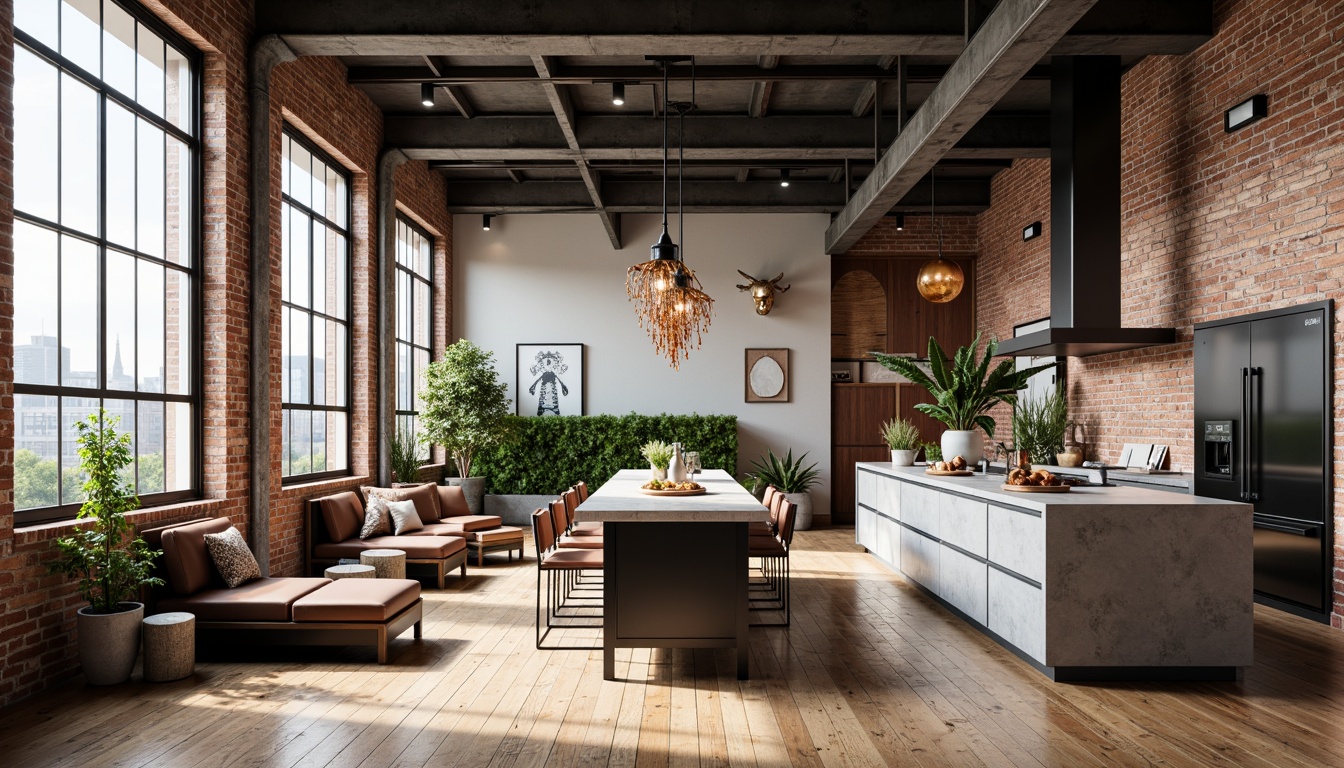 Prompt: Exposed brick walls, metal beams, industrial chic decor, reclaimed wood floors, minimalist furniture, urban city views, floor-to-ceiling windows, natural light pouring in, airy atmosphere, open-plan living, modern kitchen island, stainless steel appliances, concrete countertops, sleek cabinetry, pendant lighting fixtures, industrial-style chandeliers, distressed leather sofas, metal-framed chairs, greenery walls, potted plants, abstract artwork, edgy sculptures, neutral color palette, high ceilings, loft-like feel, panoramic cityscape views, soft warm lighting, shallow depth of field, 3/4 composition.