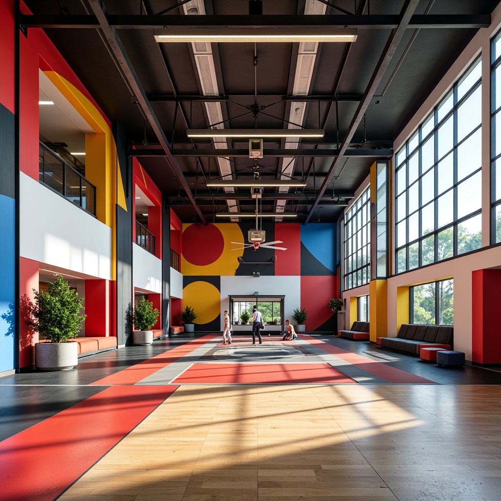 Prompt: Vibrant gymnasium interior, modern sports equipment, bold color blocking, dynamic patterns, abstract shapes, metallic accents, sleek lines, minimalist decor, natural light pouring, floor-to-ceiling windows, polished wooden floors, soft cushioned seating, athletic tracks, suspended ceilings, industrial-style lighting, dramatic shadows, 1/2 composition, shallow depth of field, realistic textures, ambient occlusion.