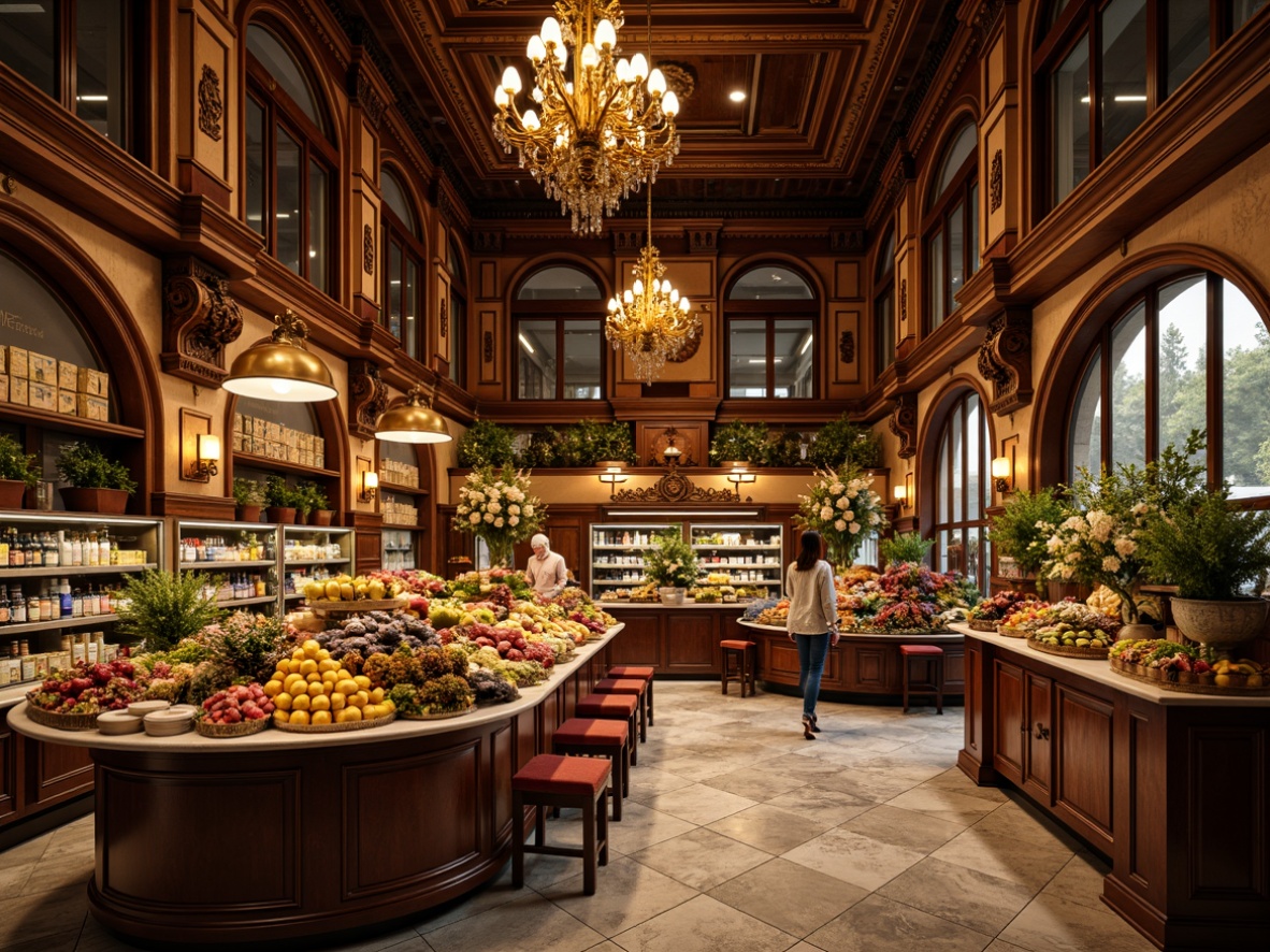 Prompt: Ornate grocery store interior, rich wood tones, gilded accents, intricate carvings, grandiose chandeliers, luxurious velvet drapes, ornamental mirrors, curved wooden shelves, golden metal fixtures, lavish fruit and flower arrangements, opulent decorative vases, distressed stone flooring, majestic archways, dramatic lighting effects, warm golden color palette, highly detailed textures, realistic reflections, shallow depth of field, 1/2 composition, romantic atmosphere.