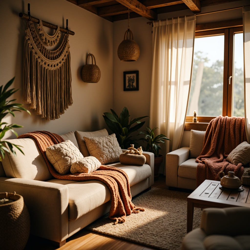 Prompt: Cozy living room, plush throw blankets, soft velvety sofas, woven baskets, natural fiber rugs, chunky knit pillows, macrame wall hangings, wooden coffee tables, earthy tone colors, warm golden lighting, shallow depth of field, 1/1 composition, realistic textures, ambient occlusion.