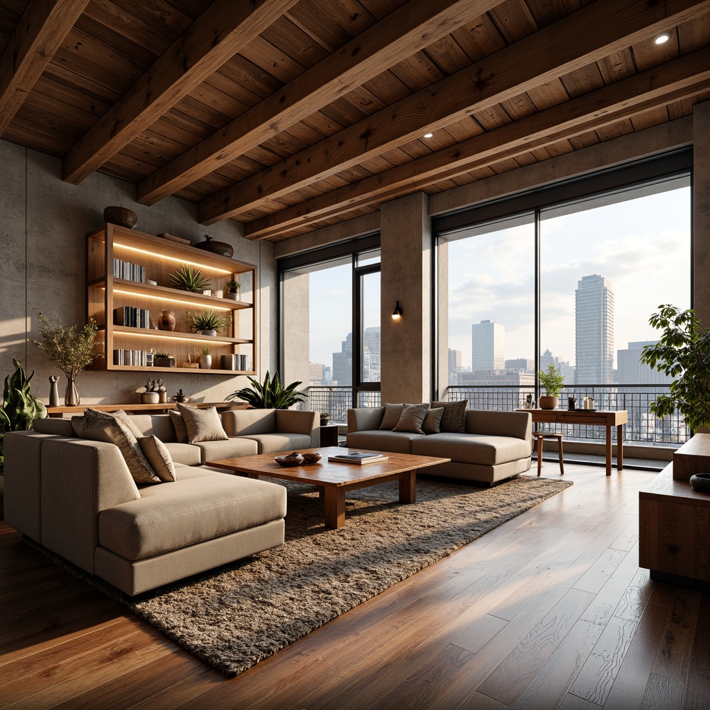 Prompt: Rustic modern living room, exposed wooden beams, industrial chic aesthetic, natural wood tones, earthy color palette, cozy ambient lighting, plush area rugs, comfortable sofas, minimalist decor, metal accents, urban loft vibe, high ceilings, large windows, cityscape views, soft warm light, shallow depth of field, 2/3 composition, realistic textures, subtle grain details.