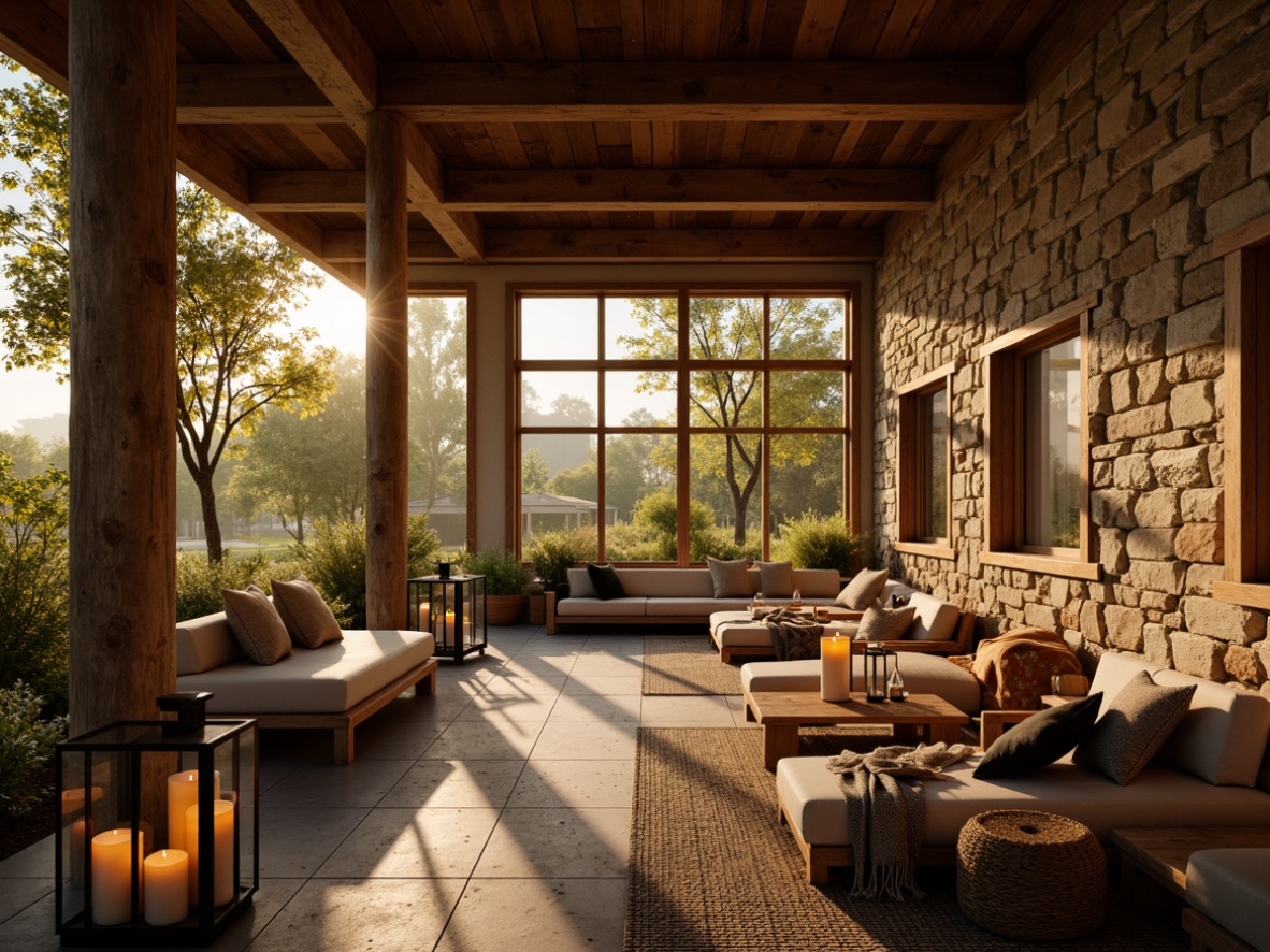 Prompt: Rustic farmhouse interior, warm soft lighting, cozy atmosphere, vintage metal lanterns, candlelit tables, natural stone walls, reclaimed wood beams, earthy color palette, woven textiles, plush throw blankets, comfortable seating areas, floor-to-ceiling windows, abundant natural light, warm yellow glow, ambient shadows, 1/1 composition, realistic textures, soft focus effect.