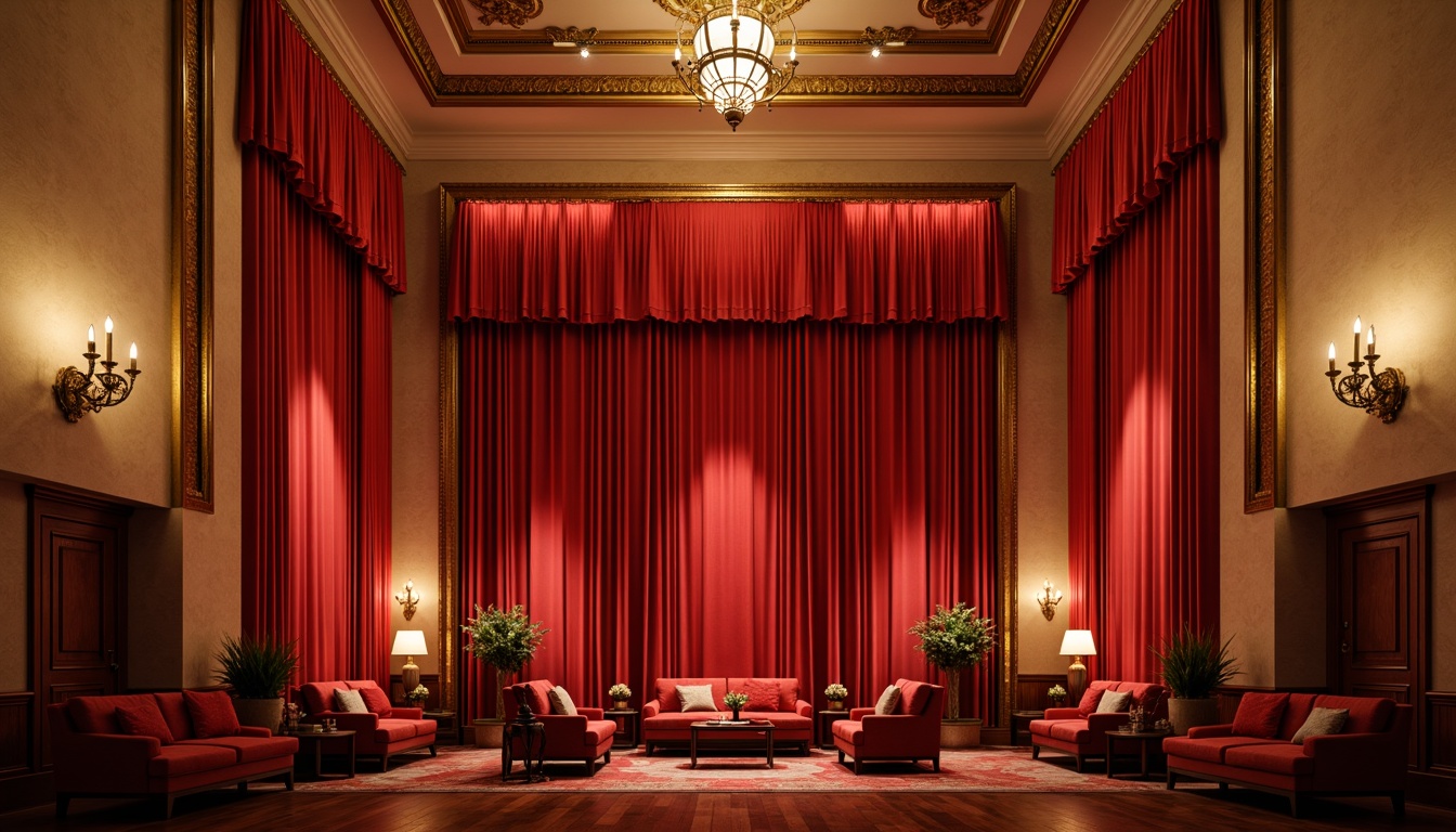 Prompt: Vibrant red velvet curtains, luxurious golden accents, rich wood tones, warm beige walls, plush crimson seating, dramatic spotlights, soft warm glow, 1/1 composition, intimate atmosphere, ornate moldings, lavish chandeliers, opulent fabrics, majestic high ceilings, grandiose architectural details, warm inviting ambiance.