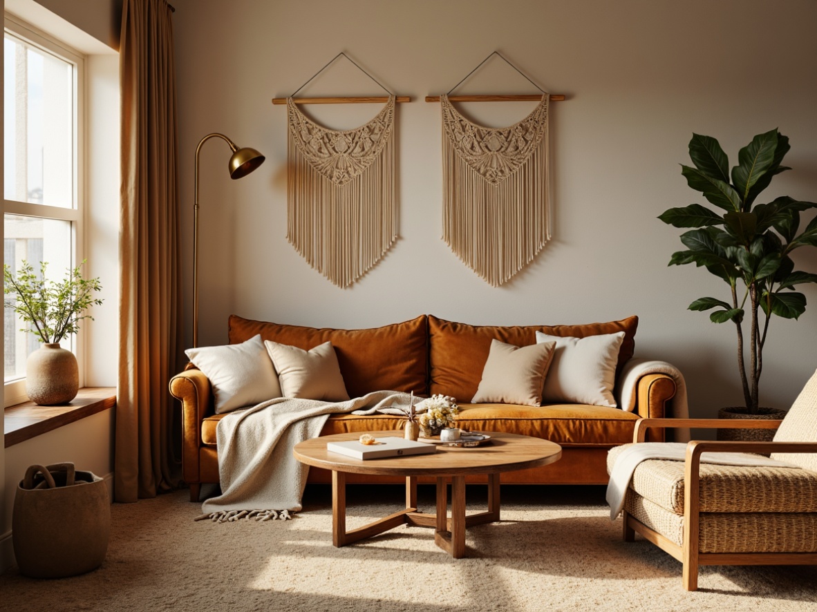 Prompt: Cozy living room, plush velvet sofa, soft cotton throw blankets, warm beige carpeting, macrame wall hangings, natural wood coffee table, woven wicker armchair, earthy tone color palette, indirect warm lighting, shallow depth of field, 1/1 composition, realistic fabric textures, ambient occlusion.