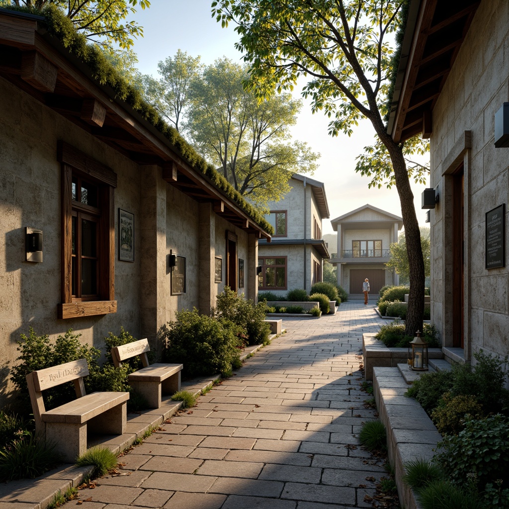 Prompt: Weathered stone walls, rustic wooden accents, distressed metal decorations, worn brick pavement, moss-covered grounds, natural stone benches, memorial plaques, vintage lanterns, soft warm lighting, subtle shadows, 1/1 composition, intimate atmosphere, realistic textures, ambient occlusion, serene landscape, misty morning, gentle sunlight filtering through trees.