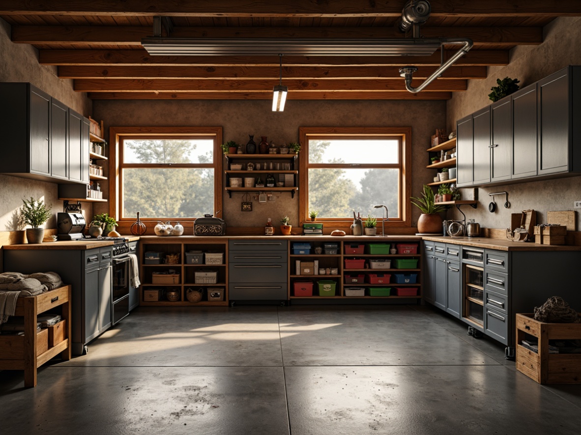 Prompt: Cozy family garage, warm lighting, sleek metal cabinets, organized storage systems, custom shelving units, rustic wooden crates, vintage toolboxes, colorful bins, labeled compartments, durable epoxy floors, industrial-style decor, modern LED lighting, soft shadows, shallow depth of field, 1/2 composition, realistic textures, ambient occlusion.