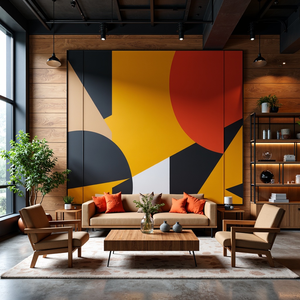 Prompt: Vibrant accent walls, bold geometric patterns, rich wood tones, metallic sheen, pops of bright colors, statement furniture pieces, modern minimalist decor, sleek industrial lighting, polished concrete floors, urban loft ambiance, dramatic color blocking, high-contrast visual interest, 1/1 composition, overhead natural light, subtle gradient effects, realistic material textures.