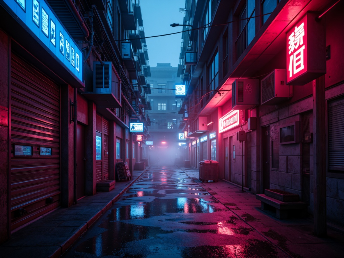 Prompt: Vibrant neon lights, dark mysterious alleys, gritty urban textures, stark industrial contrasts, bold futuristic architecture, metallic reflections, deep shadows, high-contrast color palette, cinematic lighting, dramatic composition, 1/2 frame ratio, shallow depth of field, intense atmospheric fog, misty rainy day, glowing cityscape, abstract geometric patterns.