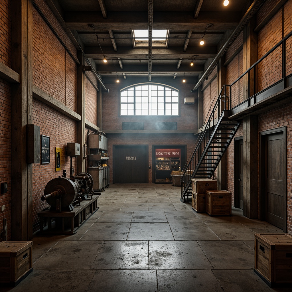 Prompt: Rustic factory setting, distressed brick walls, metal beams, industrial pipes, vintage machinery, reclaimed wood accents, Edison bulb lighting, concrete flooring, metallic staircases, worn wooden crates, faded signage, urban grunge textures, misty atmospheric effects, high contrast lighting, shallow depth of field, 2/3 composition, realistic rust and decay.