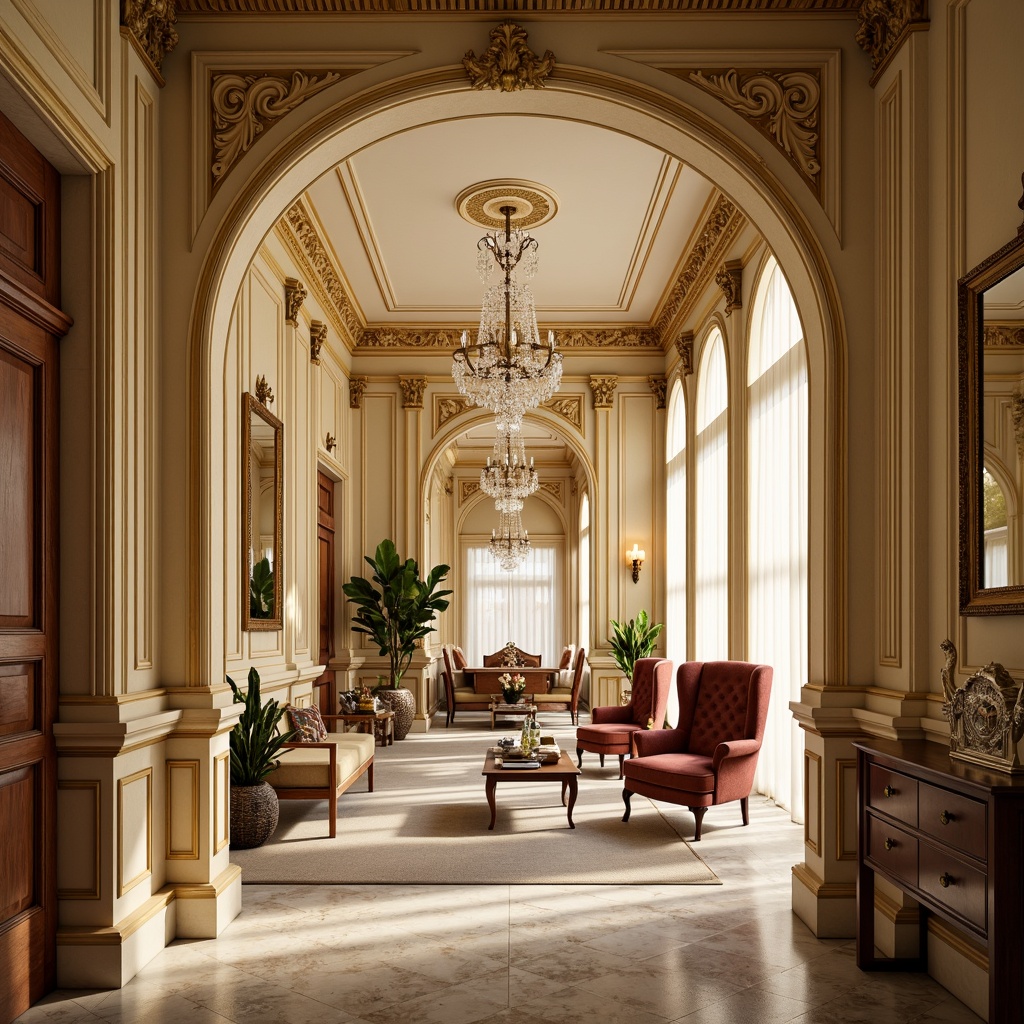 Prompt: Luxurious neoclassical interior, ornate moldings, crystal chandeliers, velvet upholstery, rich wood tones, marble floors, intricate carvings, soft golden lighting, warm beige walls, cream-colored columns, elegant archways, sophisticated furnishings, refined decorative accents, subtle ornateness, vintage bronze fixtures, lavish drapery, opulent fabrics, subtle shading, shallow depth of field, 2/3 composition, realistic textures, ambient occlusion.