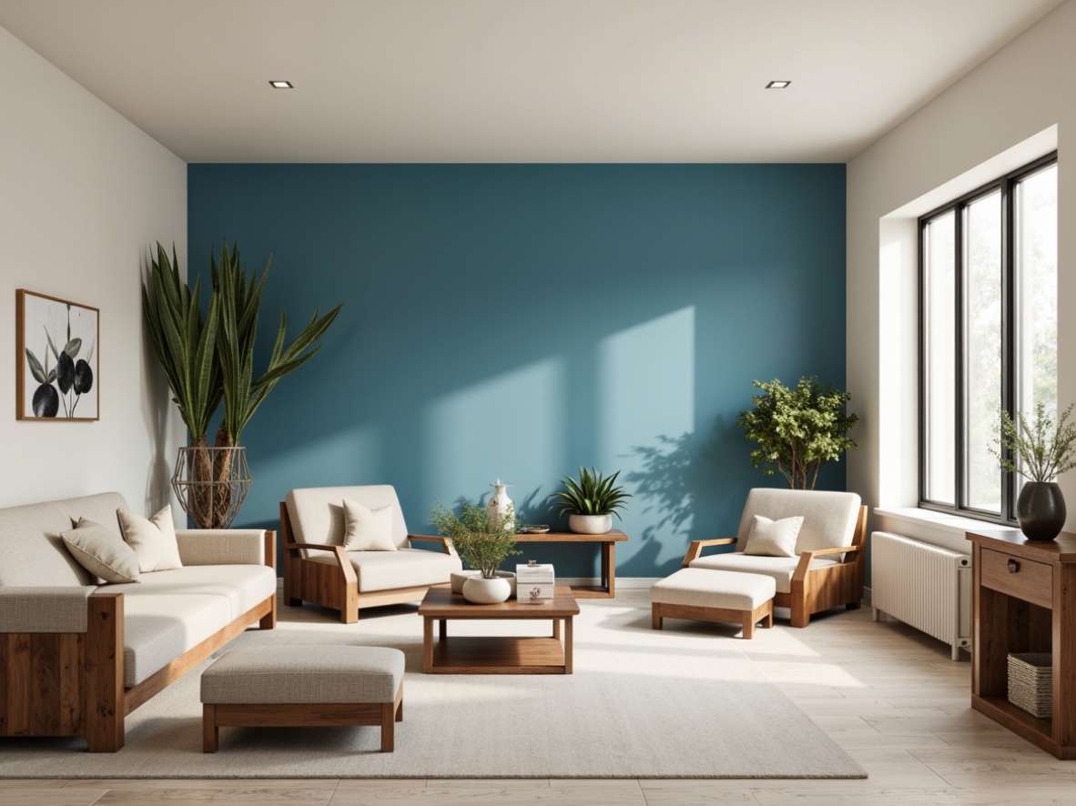 Prompt: Cerulean blue accent wall, soft creamy whites, warm beige tones, rich walnut wood furniture, plush velvet upholstery, metallic gold hardware, natural linen textiles, subtle geometric patterns, modern minimalist decor, airy open spaces, abundant natural light, gentle gradient effects, 1/1 composition, shallow depth of field, realistic materials, ambient occlusion.