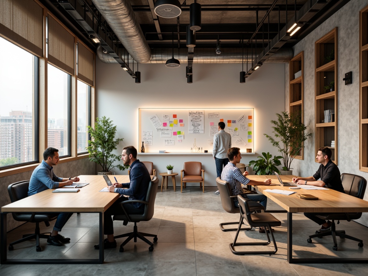 Prompt: Vibrant design studio, modern minimalist decor, sleek wooden tables, ergonomic chairs, creative brainstorming sessions, whiteboard walls, colorful sticky notes, trendy industrial lighting, urban cityscape views, warm natural light, shallow depth of field, 1/1 composition, realistic textures, ambient occlusion.