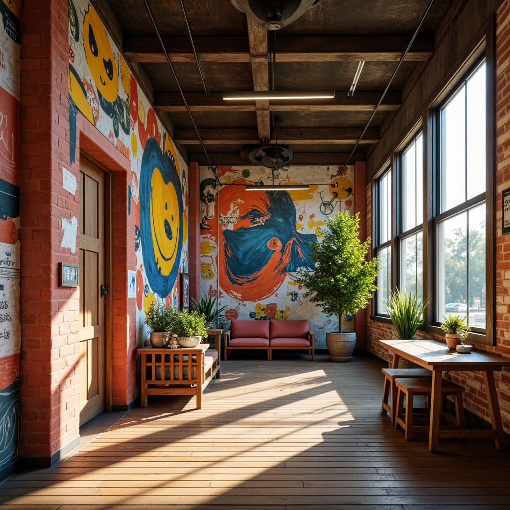 Prompt: Vibrant arts center, eclectic mix of colors, bold brushstrokes, textured walls, abstract murals, natural light pouring in, wooden floorboards, industrial metal beams, urban cityscape, trendy neighborhood, artistic community, bohemian vibes, warm golden lighting, 1/2 composition, shallow depth of field, soft focus, realistic textures.