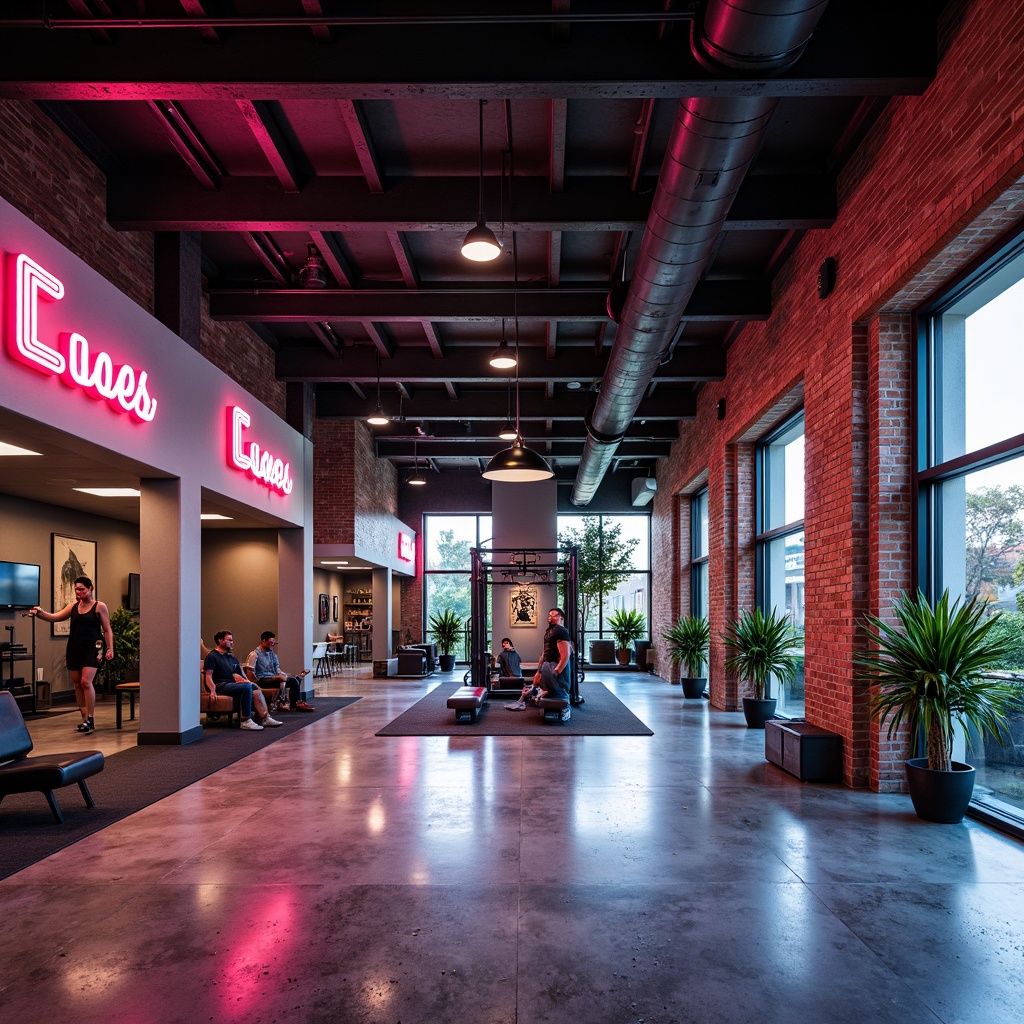 Prompt: Modern fitness center, industrial-chic aesthetic, exposed brick walls, polished concrete floors, metal beams, reclaimed wood accents, bold color schemes, neon lighting, dynamic texture contrasts, glossy epoxy coatings, matte paint finishes, rustic stone features, abstract geometric patterns, urban loft-inspired design, high-contrast photography, dramatic shadows, 1/2 composition, low-angle shot, intense spotlights, realistic reflections.