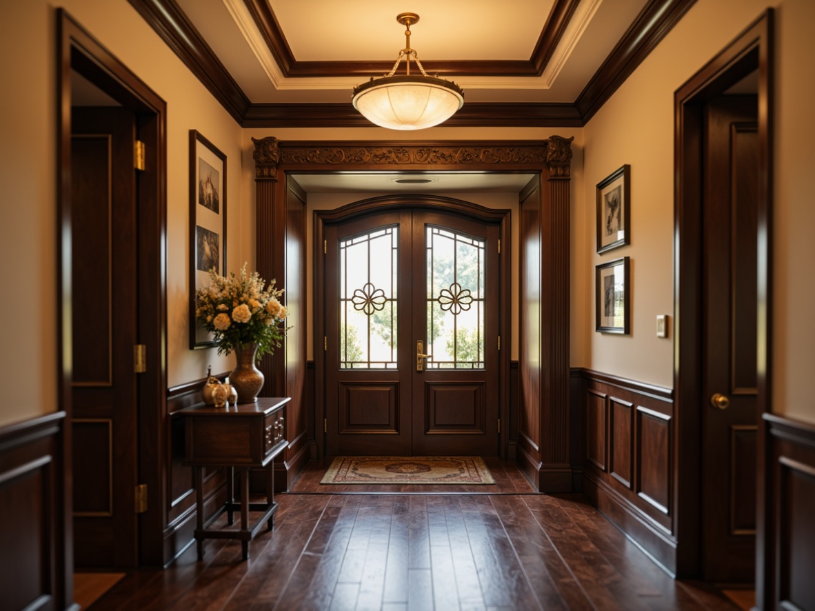 Prompt: Luxurious entrance hall, traditional ornate doorframe, polished wooden doors, brass hardware, crystal doorknobs, intricate carvings, classic pediment, decorative molding, warm beige walls, rich dark wood floors, elegant chandelier, soft warm lighting, shallow depth of field, 3/4 composition, realistic textures, ambient occlusion.