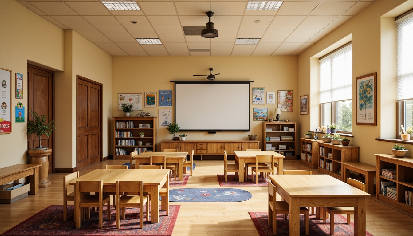 Prompt: Traditional kindergarten classroom, warm beige walls, soft cream-colored furniture, classic wooden tables, sturdy chairs, colorful educational posters, vibrant rugs, comfortable reading nooks, natural wood accents, ornate metal fixtures, subtle patterns, earthy tones, cozy atmosphere, softbox lighting, shallow depth of field, 1/1 composition, intimate viewpoint, realistic textures.