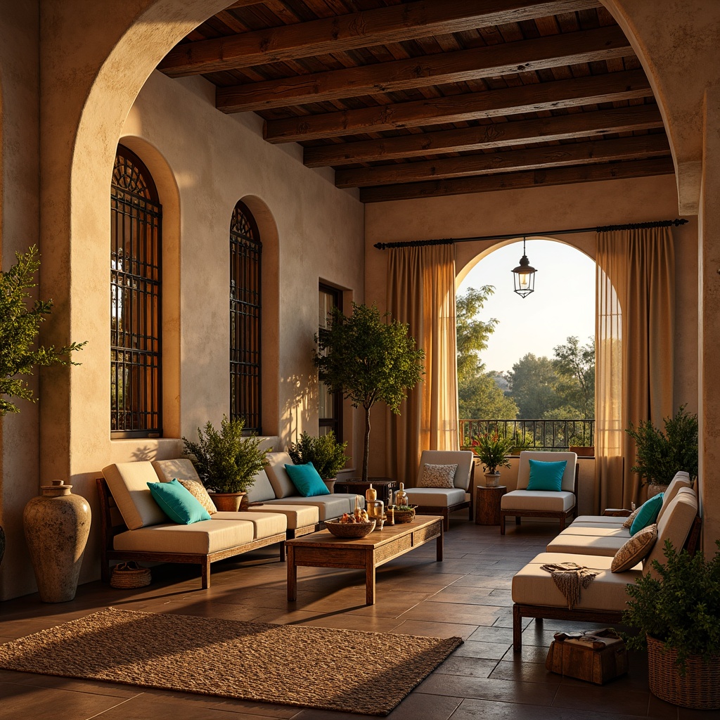 Prompt: Warm Mediterranean interior, soft golden lighting, rustic stone walls, arched windows, ornate ironwork, distressed wood furniture, vibrant turquoise accents, plush woven textiles, natural fiber rugs, warm beige color palette, ambient lanterns, candlelit tables, dimmable ceiling fixtures, layered window treatments, sheer drapery, filtered sunlight, cozy reading nooks, intimate conversation areas, relaxed atmosphere, serene ambiance, warm glow of sunset.