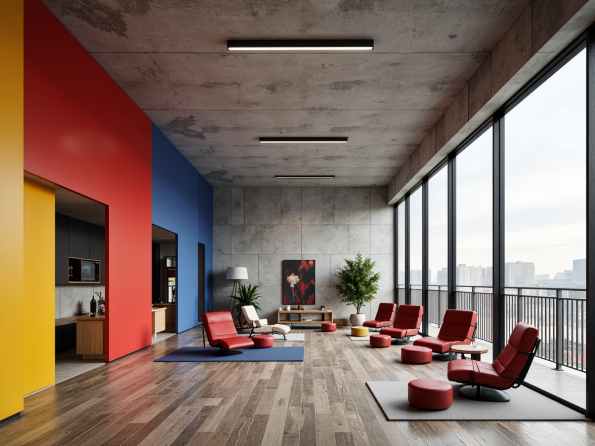 Prompt: Monochromatic color scheme, bold primary colors, geometric shapes, industrial materials, functional furniture, minimalist decor, raw concrete walls, metal accents, wooden flooring, natural light, open floor plan, high ceilings, modernist architecture, brutalist elements, urban loft atmosphere, neutral background, pops of vibrant red, blue and yellow, clean lines, minimal ornamentation, functional simplicity.