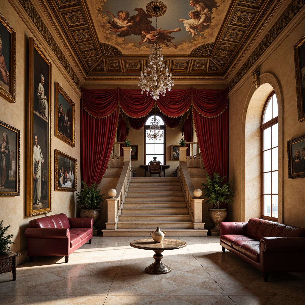 Prompt: Renaissance-style museum interior, rich velvet drapes, ornate golden frames, marble flooring, intricate fresco ceilings, warm beige walls, luxurious burgundy leather sofas, antique wooden display cases, ornamental metalwork, crystal chandeliers, soft warm lighting, shallow depth of field, 3/4 composition, realistic textures, ambient occlusion, majestic grand staircase, elegant balustrades, decorative archways, sophisticated color palette, earthy tones, muted reds, deep blues, luxurious gold accents.