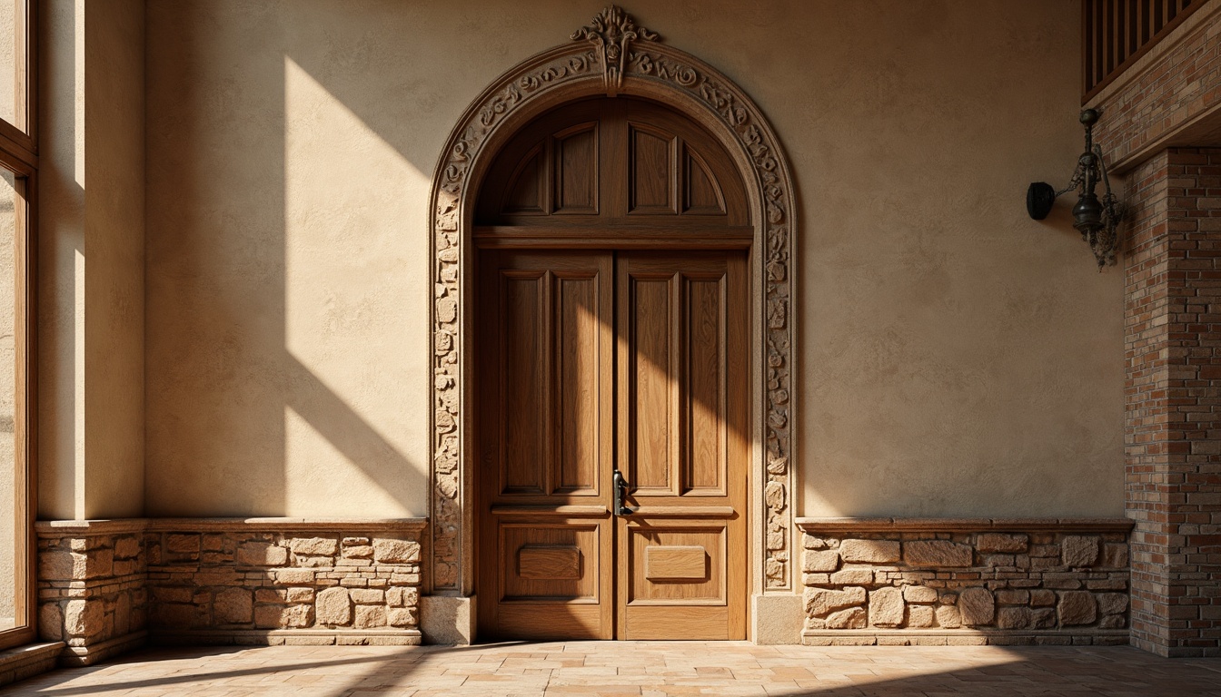 Prompt: Rustic stone walls, distressed wood accents, ornate plaster moldings, warm beige stucco, decorative brick patterns, classic column details, rich wood paneling, subtle texture variations, elegant archways, soft warm lighting, shallow depth of field, 1/2 composition, realistic textures, ambient occlusion.