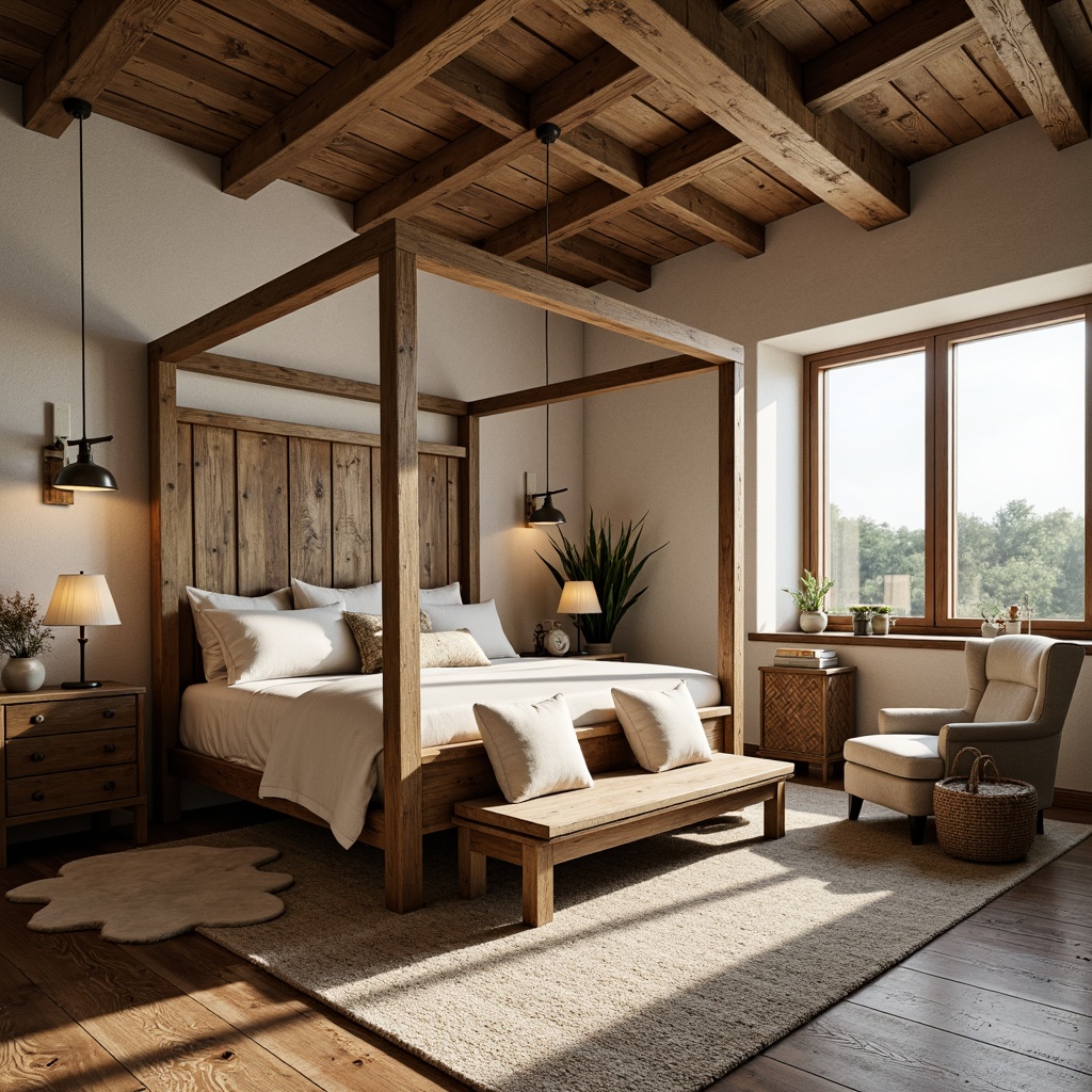 Prompt: Rustic farmhouse bedroom, vintage wooden furniture, distressed finishes, natural fabrics, soft warm lighting, cozy atmosphere, plush area rug, woven baskets, antique decorative pieces, earthy color palette, wooden ceiling beams, stone walls, large windows, countryside views, peaceful ambiance, natural textures, organic shapes, comfortable seating, oversized armchair, wooden headboard, linen bedding, botanical prints, wildflower arrangements, warm beige tones.