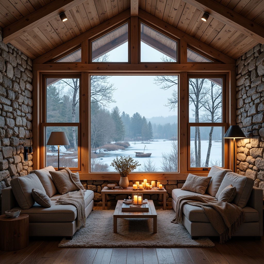 Prompt: Rustic wooden cabins, natural stone walls, rough-hewn timber frames, minimalist design, cozy reading nooks, plush throw blankets, warm candlelight, snow-covered roofs, frozen lakeside scenery, birch tree forests, gentle morning fog, soft diffused lighting, shallow depth of field, 2/3 composition, atmospheric perspective, realistic wood grain textures, ambient occlusion.