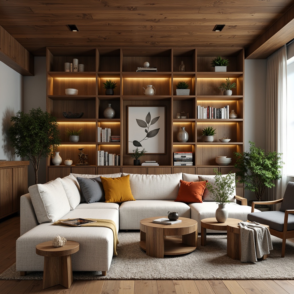 Prompt: Cozy living room, plush sofas, wooden coffee tables, velvet armchairs, minimalist shelving units, natural wood flooring, soft warm lighting, 3/4 composition, Scandinavian-inspired design, functional storage solutions, eco-friendly materials, modern metallic accents, geometric patterns, vibrant colorful throw pillows, realistic textures, ambient occlusion.