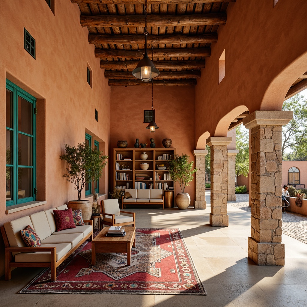 Prompt: Earthy southwestern library, adobe architecture, warm terracotta walls, turquoise accents, sandy beige floors, woven textiles, vibrant Navajo patterns, distressed wood furniture, rustic metal details, natural stone columns, cozy reading nooks, soft warm lighting, comfortable seating areas, desert botanicals, cacti plants, earthy ceramics, warm color scheme, rich cultural heritage, 3/4 composition, shallow depth of field, realistic textures.