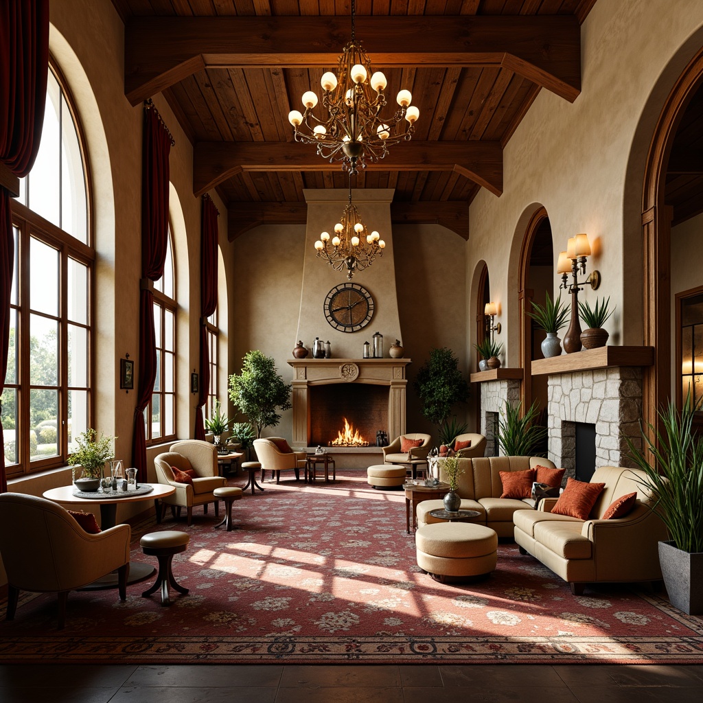 Prompt: Rustic French country casino interior, distressed wood accents, ornate chandeliers, velvet drapes, luxurious furnishings, elegant archways, natural stone fireplaces, warm beige walls, soft golden lighting, shallow depth of field, 1/1 composition, atmospheric perspective, realistic textures, ambient occlusion.