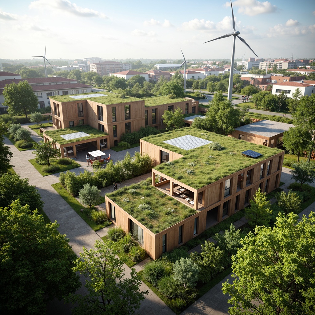 Prompt: Eco-friendly community, lush green roofs, solar panels, wind turbines, rainwater harvesting systems, organic gardens, composting facilities, recycled materials, low-carbon footprint, energy-efficient buildings, natural ventilation systems, large windows, clerestory lighting, minimalist decor, reclaimed wood accents, bamboo flooring, living walls, green spaces, serene atmosphere, soft natural lighting, shallow depth of field, 3/4 composition, panoramic view, realistic textures, ambient occlusion.