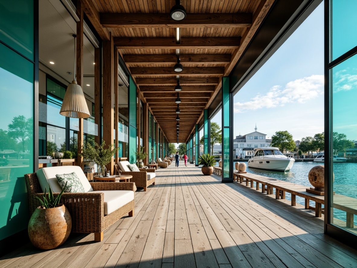 Prompt: Waterfront boathouse, postmodernist architecture, translucent partitions, reflective glass surfaces, rustic wooden accents, nautical ropes, distressed metal frames, industrial-style lighting, reclaimed wood flooring, eclectic decorative elements, abstract sculptures, vibrant turquoise hues, sunny day, soft warm lighting, shallow depth of field, 1/1 composition, panoramic view, realistic textures, ambient occlusion.