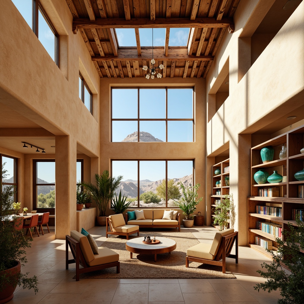 Prompt: Southwestern-style library, earthy tones, adobe-inspired architecture, warm beige walls, rustic wooden accents, vibrant turquoise decorative elements, cozy reading nooks, comfortable seating areas, ample natural light, large windows, clerestory windows, skylights, desert landscape views, cactus plants, sandy dunes, hot sunny day, clear blue sky, modern minimalist shelving systems, open floor plans, collaborative workspaces, flexible modular furniture, plush area rugs, warm ambient lighting, soft warm color palette, 3/4 composition, panoramic view, realistic textures, ambient occlusion.