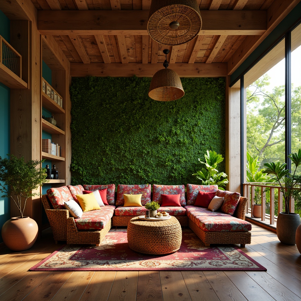 Prompt: Vibrant tropical interior, lush greenery walls, natural wood accents, woven rattan furniture, plush velvet upholstery, exotic patterned textiles, colorful tassel details, reclaimed wooden floors, earthy terracotta vases, woven bamboo ceiling fans, soft warm lighting, shallow depth of field, 3/4 composition, panoramic view, realistic textures, ambient occlusion.