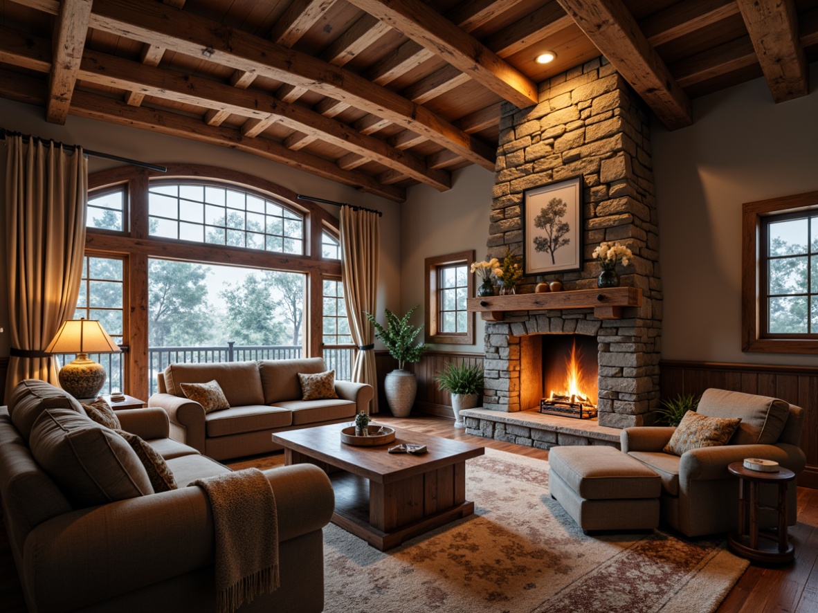 Prompt: Rustic mountain lodge, wooden beams, natural stone walls, earthy color palette, cozy fireplace, plush furnishings, warm ambient lighting, shallow depth of field, 1/2 composition, soft focus, realistic textures, atmospheric fog.