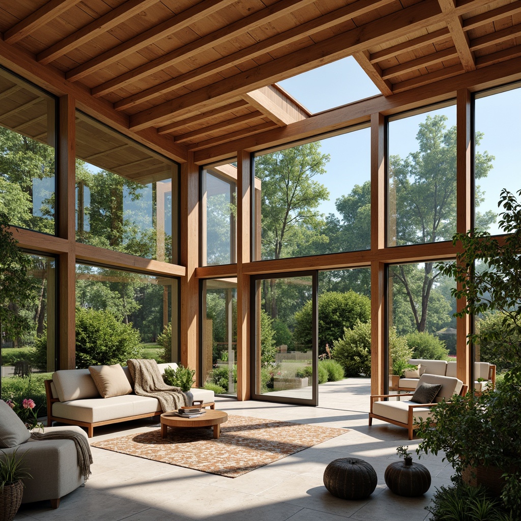 Prompt: Mid-century modern sunroom, large windows, sliding glass doors, natural stone floors, wooden beam ceilings, lush greenery, vibrant flowers, comfortable sofas, geometric patterned rugs, minimalist decor, abundant natural light, soft warm illumination, 1/1 composition, shallow depth of field, realistic textures, ambient occlusion, sunny day, clear blue sky, partial shading devices, clerestory windows, skylights, solar tubes, energy-efficient systems.