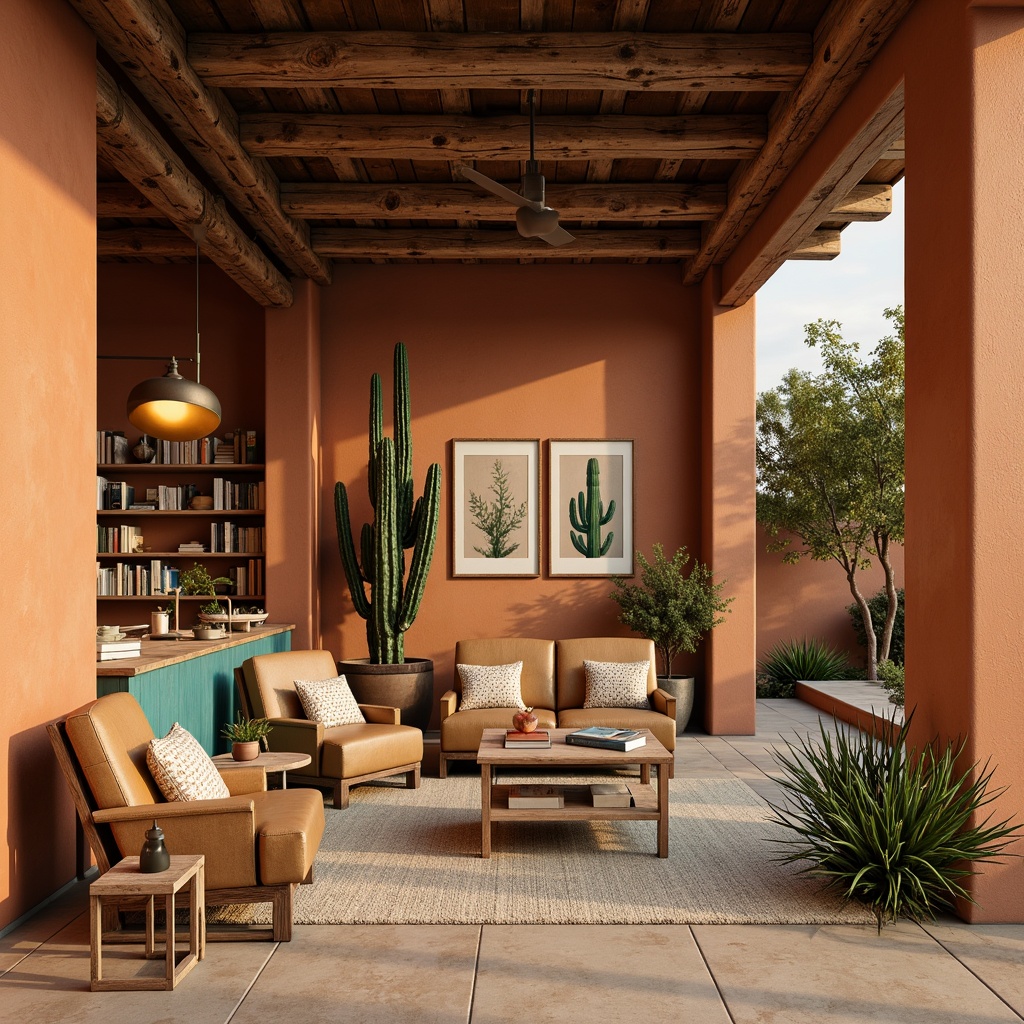 Prompt: Earthy Southwestern library, warm terracotta walls, rustic wooden shelves, vibrant turquoise accents, sandy beige floors, natural woven textiles, distressed leather furniture, vintage-inspired metal lanterns, cozy reading nooks, desert botanical prints, cactus-inspired sculptures, warm golden lighting, soft shadows, 1/1 composition, intimate atmosphere, realistic textures, ambient occlusion.