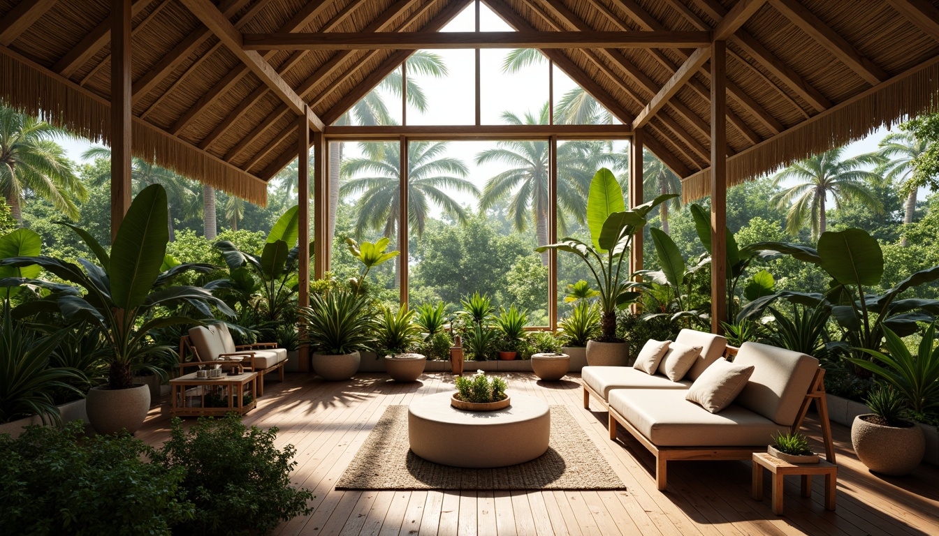 Prompt: Tropical interior space, high ceilings, large windows, natural ventilation, cross breeze, gentle wind, lush greenery, exotic plants, wooden accents, rattan furniture, earthy color palette, warm ambient lighting, soft shadows, 1/2 composition, shallow depth of field, realistic textures, subtle animations.