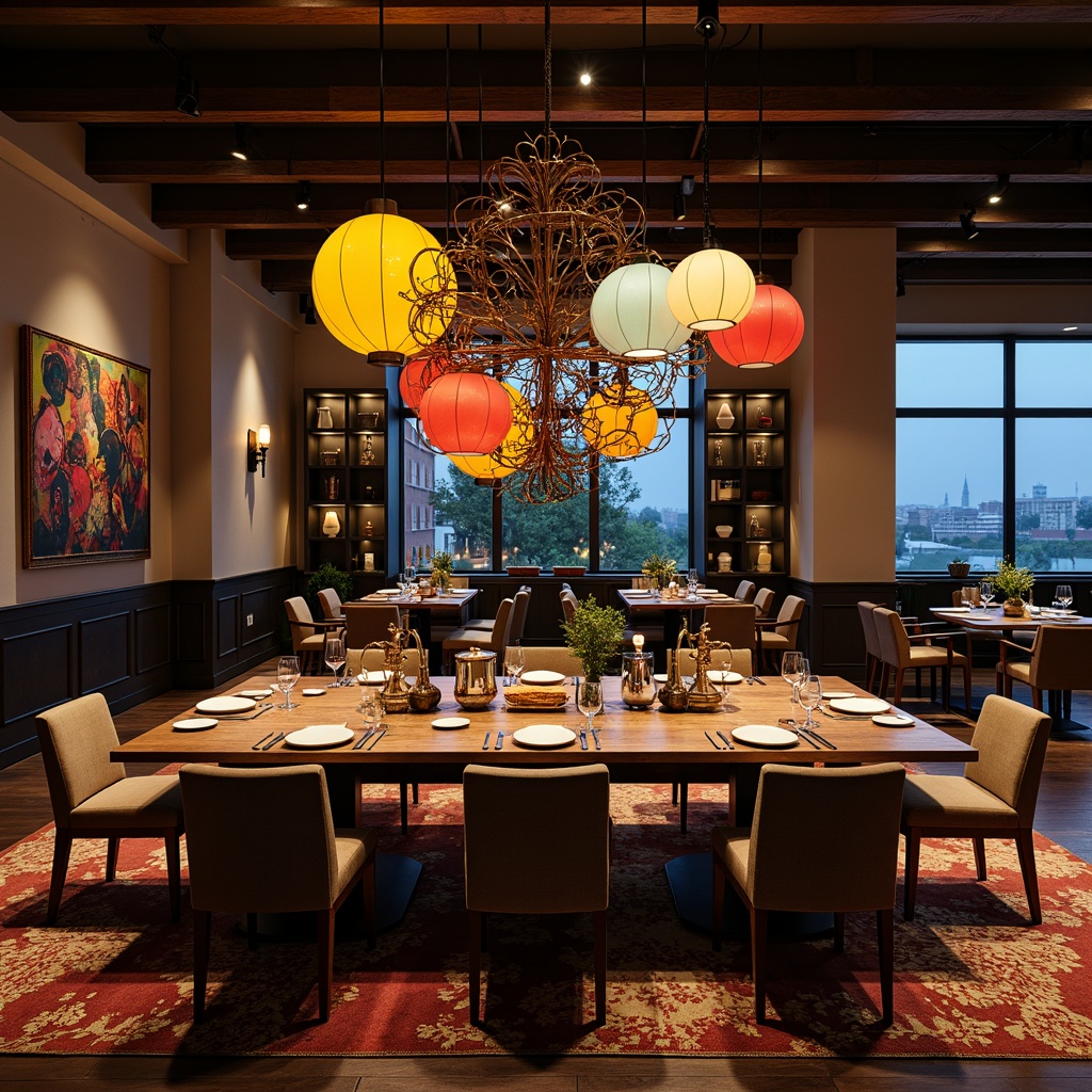 Prompt: Dramatic dining room, bold postmodernist style, eclectic lighting fixtures, ornate metal chandeliers, vibrant colored glass shades, unique sculptural forms, unconventional materials, avant-garde designs, oversized lampshades, abstract geometric patterns, rich textures, luxurious fabrics, warm ambient glow, soft box lighting, 1/2 composition, shallow depth of field, realistic renderings.