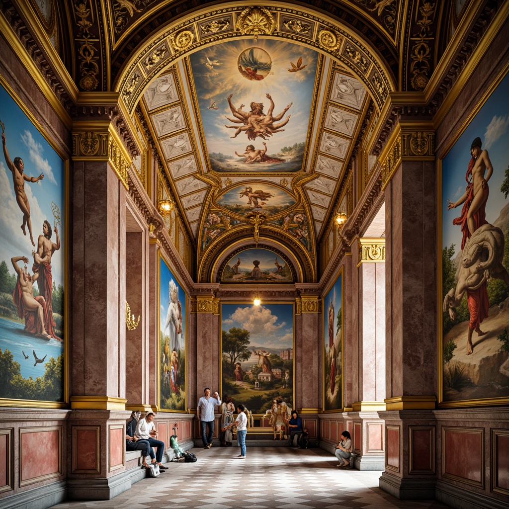 Prompt: Vibrant frescoes, Renaissance-inspired artwork, ornate ceilings, grand architectural details, Baroque-style ornamentation, lavish decorative elements, rich colors, gold accents, intricate patterns, mythological themes, classical motifs, soft warm lighting, shallow depth of field, 1/1 composition, realistic textures, ambient occlusion.