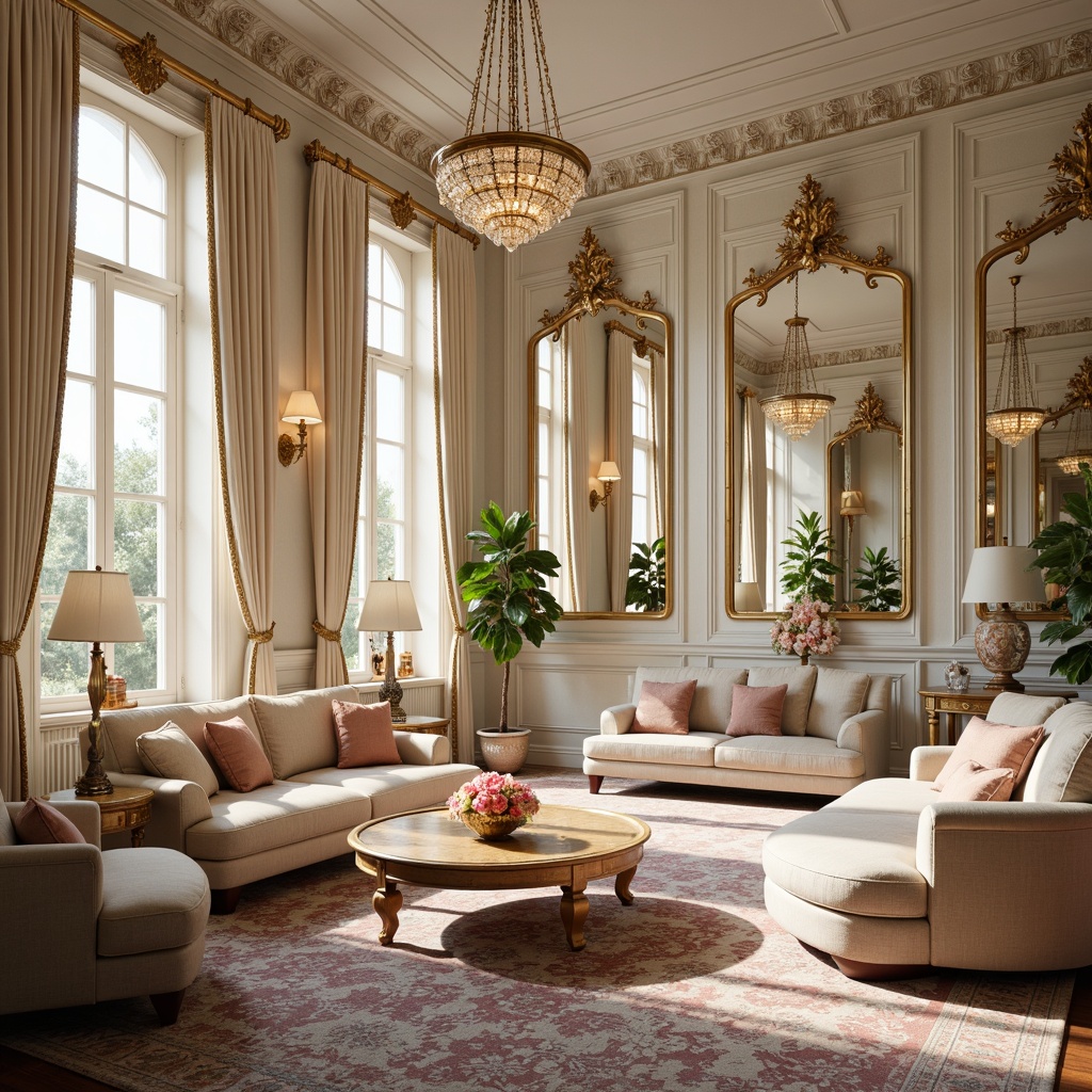 Prompt: Opulent Rococo interior, lavish furnishings, soft pastel hues, creamy whites, rich gold accents, ornate mirrors, intricate carvings, velvet fabrics, luxurious textiles, delicate florals, elegant chandeliers, warm candlelight, shallow depth of field, 1/1 composition, intimate atmosphere, subtle gradient effects.