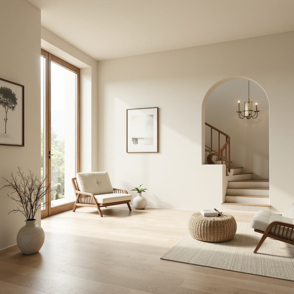 Prompt: Monochromatic interior, soft beige walls, creamy white furniture, warm wood accents, subtle metallic hints, minimal ornamentation, clean lines, simple shapes, abundant natural light, airy atmosphere, calming ambiance, soft focus, shallow depth of field, 1/1 composition, realistic textures, ambient occlusion.