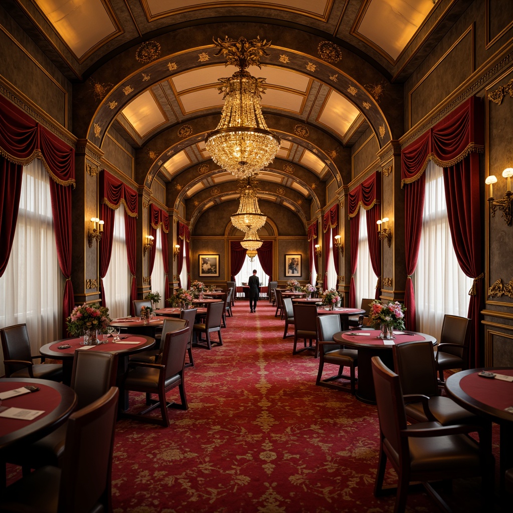 Prompt: Elegant casino, rustic French country charm, ornate gold accents, distressed wood paneling, velvet drapes, crystal chandeliers, intricate ironwork, luxurious red carpeting, soft warm lighting, shallow depth of field, 1/1 composition, intimate atmosphere, realistic textures, ambient occlusion.