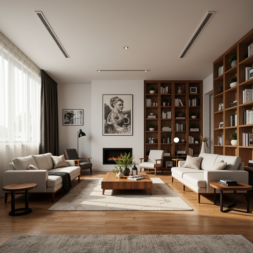 Prompt: Mid-century modern apartment, academic interior style, wooden flooring, minimal decor, neutral color palette, comfortable sofas, sleek coffee tables, minimalist bookshelves, vintage-inspired desk lamps, elegant armchairs, subtle patterned rugs, natural textiles, soft warm lighting, shallow depth of field, 1/1 composition, realistic textures, ambient occlusion.