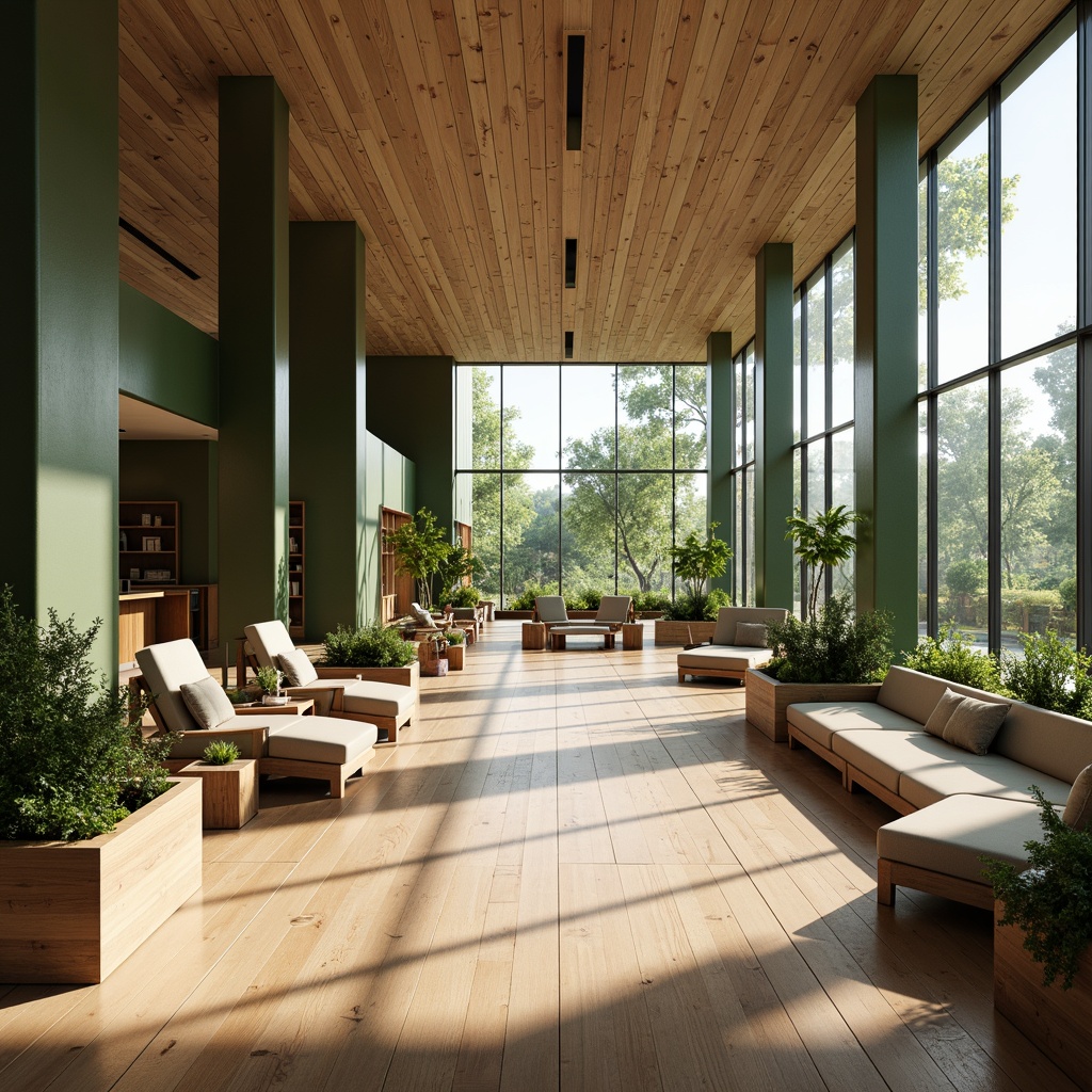 Prompt: Spacious open plan, abundant natural light, high ceilings, wooden floorboards, minimalist decor, green walls, lush plants, large windows, sliding glass doors, comfortable seating areas, cozy reading nooks, warm color palette, soft diffuse lighting, shallow depth of field, 3/4 composition, realistic textures, ambient occlusion.