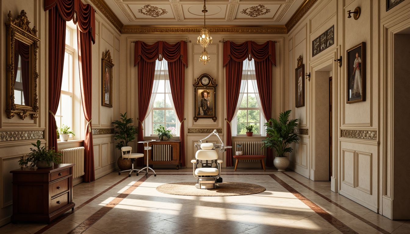 Prompt: Elegant dental clinic, ornate Victorian architecture, grand entrance, intricate moldings, rich wood paneling, luxurious velvet drapes, polished chrome fixtures, vintage-inspired medical equipment, ornamental wall clocks, decorative tile work, distressed brick walls, warm beige color scheme, soft natural lighting, shallow depth of field, 1/1 composition, realistic textures, ambient occlusion.