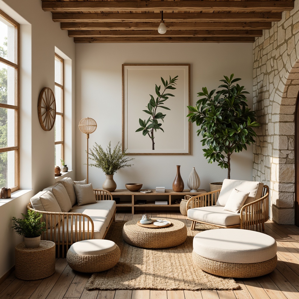 Prompt: Earth-toned living room, reclaimed wooden flooring, natural stone walls, woven wicker furniture, organic cotton upholstery, jute rug, rattan decorative accents, botanical prints, lush greenery, plenty of natural light, airy atmosphere, warm beige color palette, minimalist decor, subtle texture contrasts, rustic charm, cozy ambiance, nature-inspired accessories.