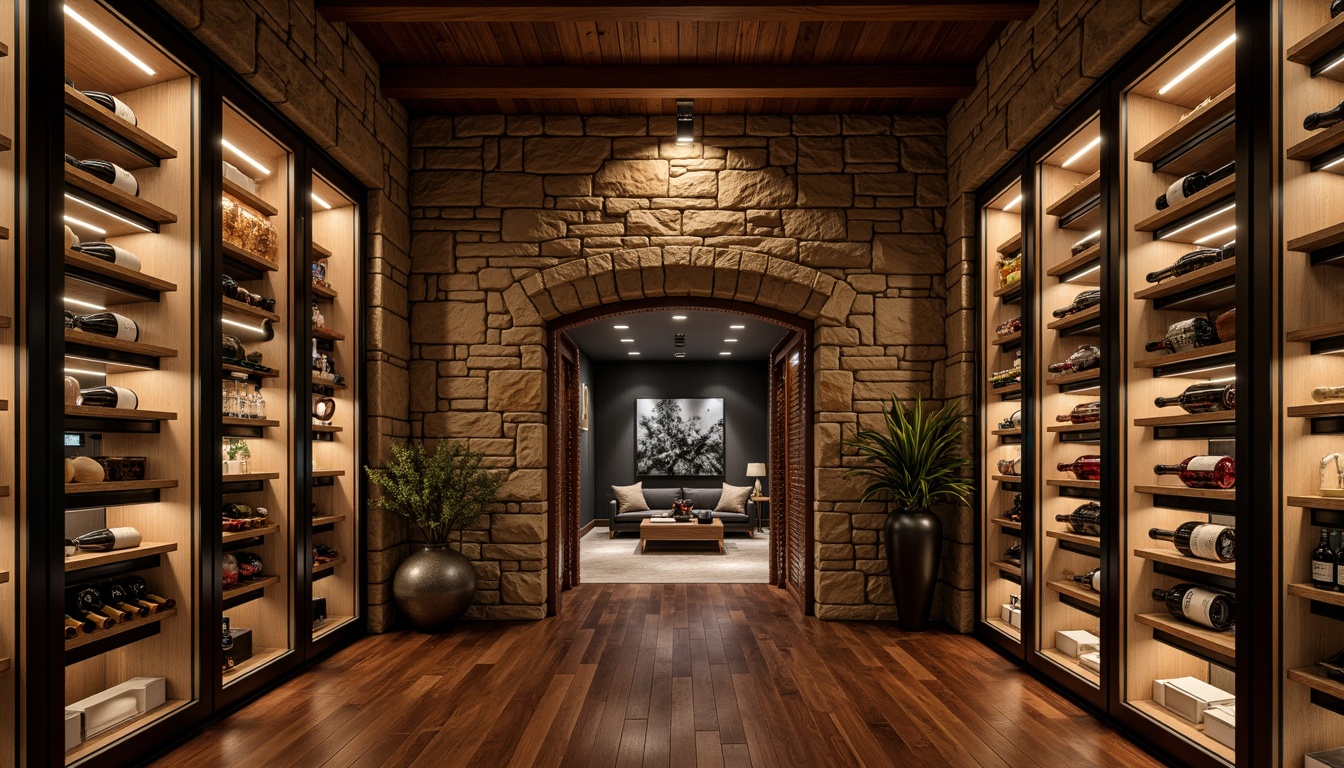 Prompt: Luxurious wine cellar, rustic stone walls, dimmed warm lighting, wooden wine racks, temperature-controlled environment, humidity-regulated system, rich dark wood flooring, elegant glass doors, sophisticated climate control, precise wine thermometer, soft background music, comfortable seating area, ambient LED lighting, 1/2 composition, realistic reflections, detailed textures.