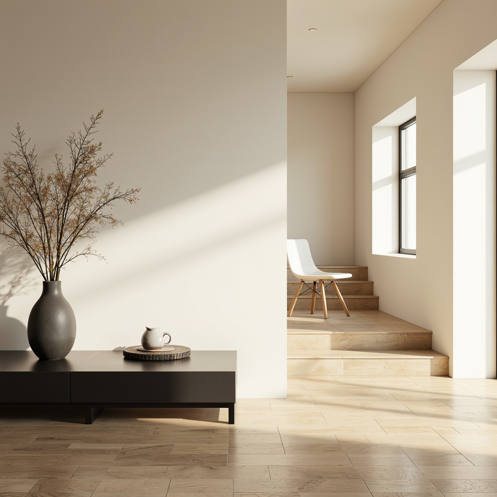 Prompt: Monochromatic interior, soft cream walls, warm beige floors, minimalist decor, sleek metal accents, matte black furniture, subtle texture contrasts, natural light, airy atmosphere, simple shapes, clean lines, calming ambiance, warm white lighting, shallow depth of field, 1/1 composition, realistic render, ambient occlusion.